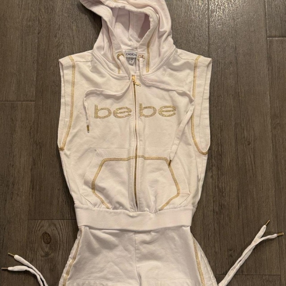 Vintage 2000s y2k white Bebe rhinestone sequin jumpsuit with gold trim, size XS